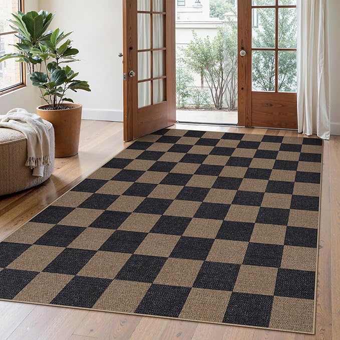 Lahome Checkered Easy Jute Living Room Rugs, 5x7 Black Dining Room Office Rug Farmhouse Washable Carpet, Checkerboard Neutral Non Slip Indoor Outdoor Carpet for Bedroom Entry Patio-Ruum Studio Home