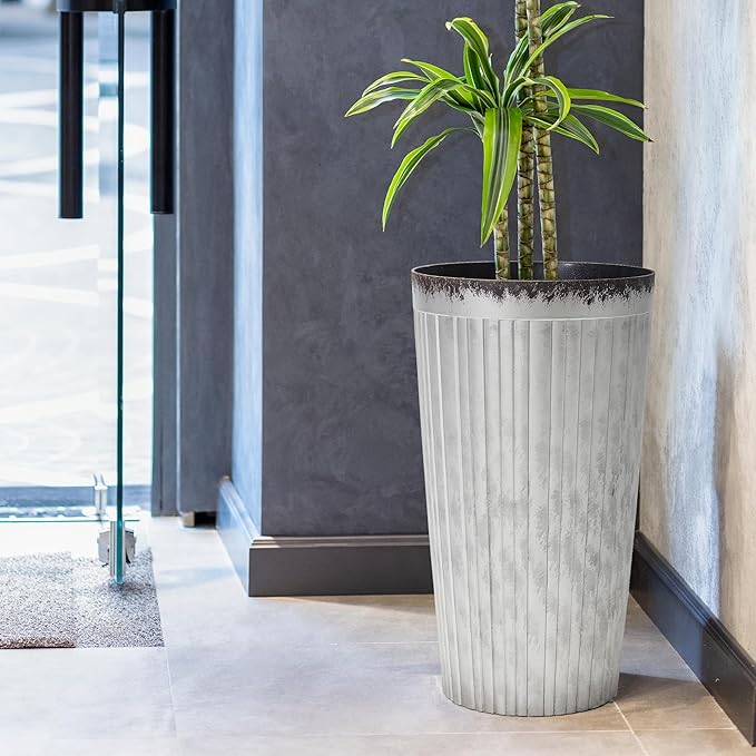 Worth Garden 22.5" H. Plastic Planters - Set of 2 Silver Color Tall Conical Plant Pots for Indoor Outdoor Use - Decorative Lightweight Flower Pots for Front Porch, Patio, Deck - 12.5" Dia x 22.5" H-Ruum Studio Home