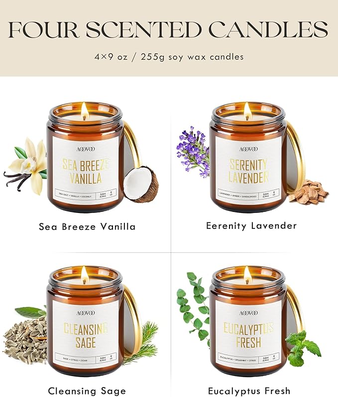 AOOVOO Scented Candles - 4PC Candle Set, 36 oz Soy Candles, Soy Candle for Home Scented, Lavender/Vanilla/Eucalyptus/Sage-Ruum Studio Home