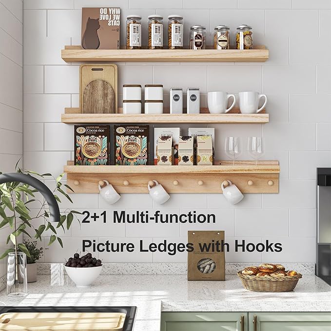 MBYD Wood Wall Shelf With Hooks Floating Shelves for Wall Bathroom Shelves Wall Mounted Nursery Floating Bookshelf for Kids Room Toy Storage Shelf for Bedroom Picture Frames Kitchen (Natural, 36 Inch)-Ruum Studio Home