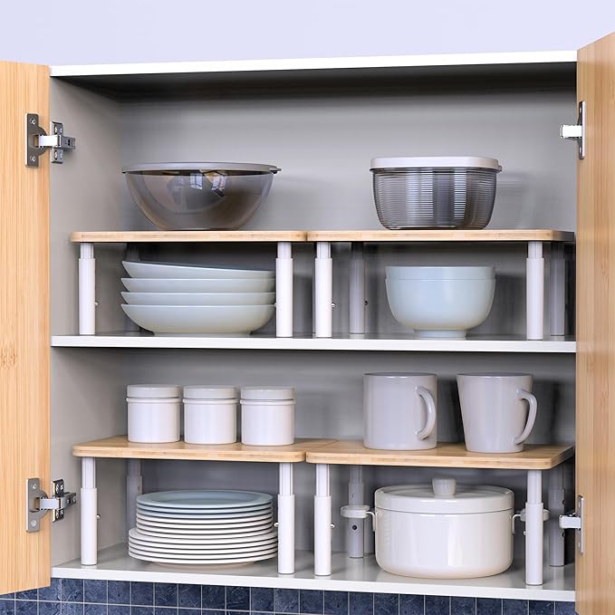 Cabinet Organizer Shelf, Spice Rack Set of 2 Kitchen Pantry Cupboard Shelves, Stackable, Height Adjustable, Natural Bamboo (11.7" W)-Ruum Studio Home