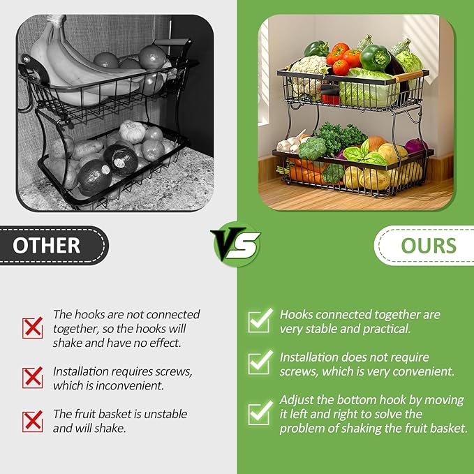 2 Tier Fruit Basket for Kitchen Counter with 2 Banana Hangers, Countertop Metal Fruit Bowl with Wooden Handle, Large Storage Stand for Vegetables, Snacks, Breads, Produce Storage – Black-Ruum Studio Home