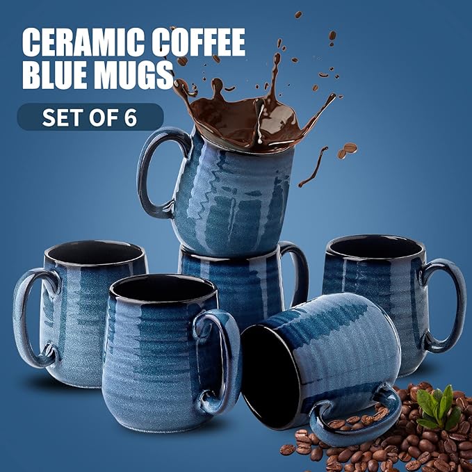 Hasense Coffee Mugs Set of 6, 12 Ounce Coffee Cups Set with Handle, Ceramic Tea Mugs for Kitchen, Blue Latte Mugs for Coffee,Cocoa, Tea, Stylish Mug Gift, Dishwasher and Microwave Safe-Ruum Studio Home