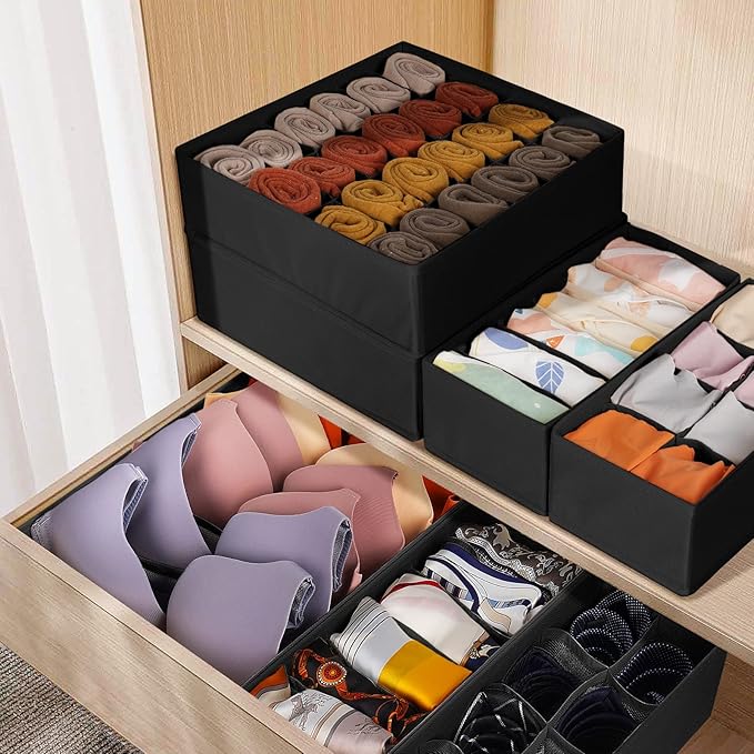 6 Pack Sock Underwear Drawer Organizer Dividers, 58 Cell Foldable Fabric Dresser Closet Organizers and Storage Bins for Clothing, Baby Clothes, Bra, Panty, Scarf, Ties (Black)-Ruum Studio Home