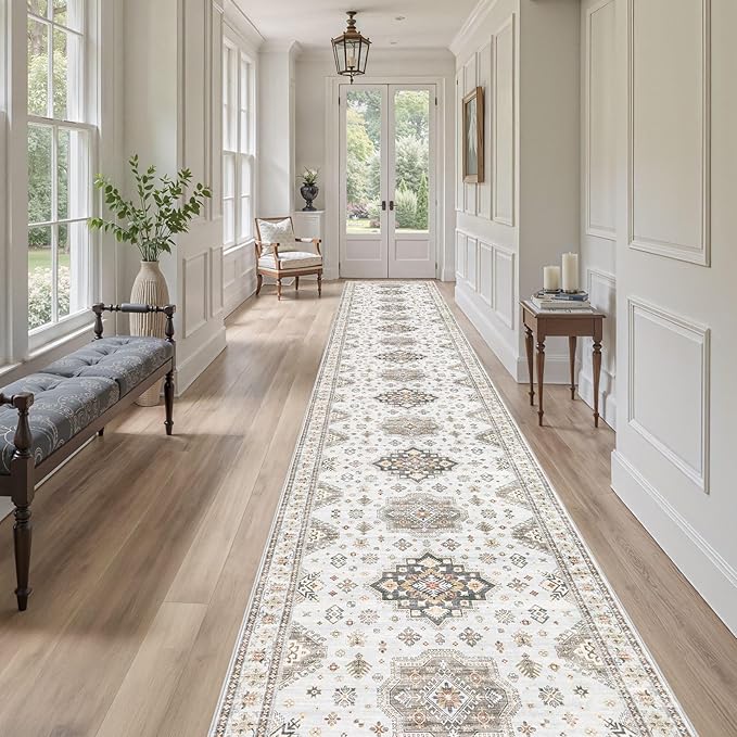 Washable 3x20 Runner Rug - Area Rugs Neutral Vintage Distressed Floral Farmhouse Boho Large Soft Floor Rug Indoor Carpet for Hallway Entryway Home - Blue Brown-Ruum Studio Home