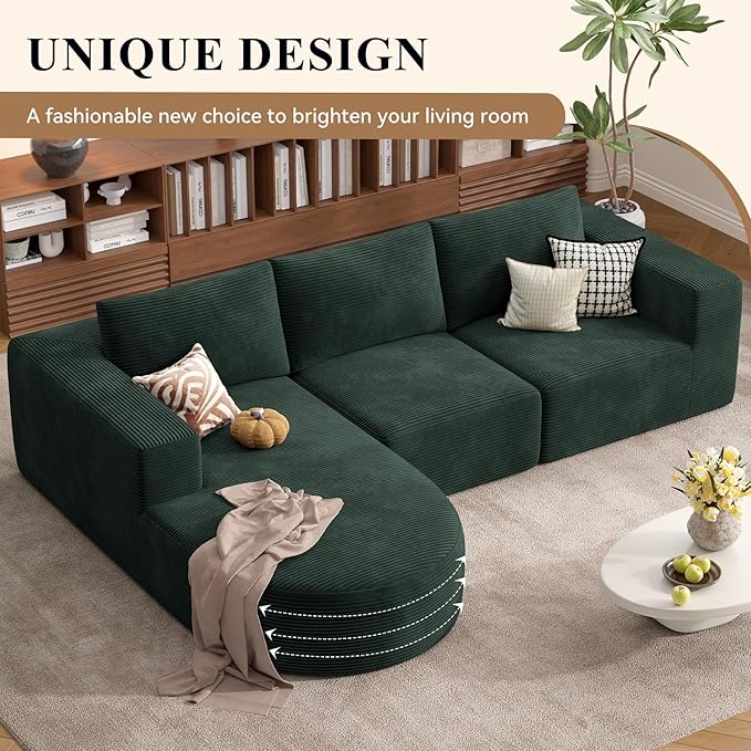 Modular Sectional Sofa with L-Shape Chaise,Cloud Sectional Modern Sleeper Couch with Deep Seat,Sponge Compression Sofas No Assembly Required (Green-Corduroy Fabric) 1PCS-Ruum Studio Home