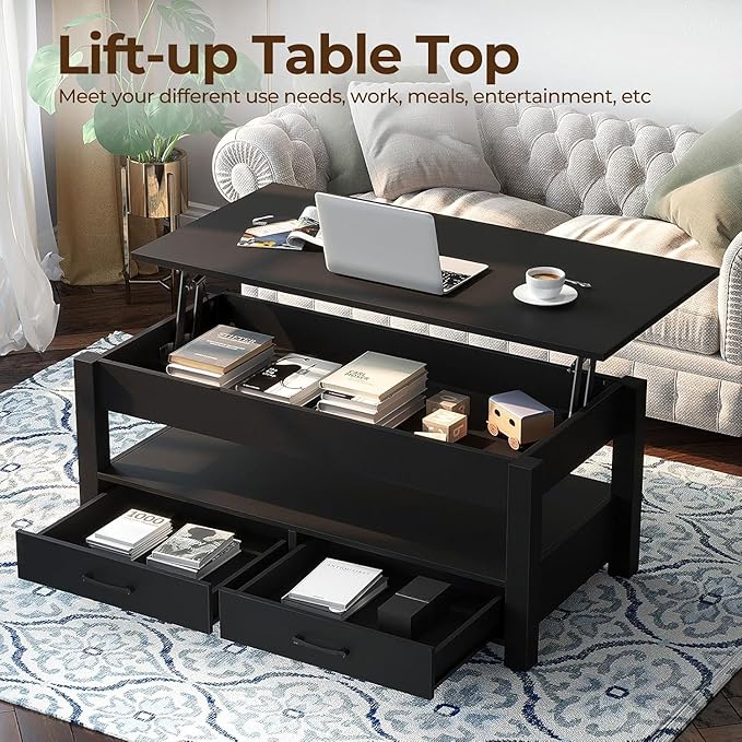 Rolanstar Coffee Table, 47.2" Lift Top Coffee Table with Drawers and Hidden Compartment, Retro Central Table with Wooden Lift Tabletop, for Living Room,Black-Ruum Studio Home