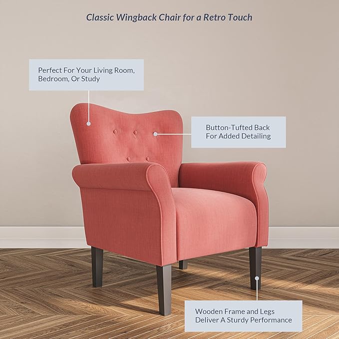 BELLEZE Modern Accent Chair for Living Room, High Back Armchair with Wooden Legs, Upholstered Wingback Side Chair Padded Armrest Single Sofa Club Chair for Living Room, Bedroom - Allston (Brick)-Ruum Studio Home