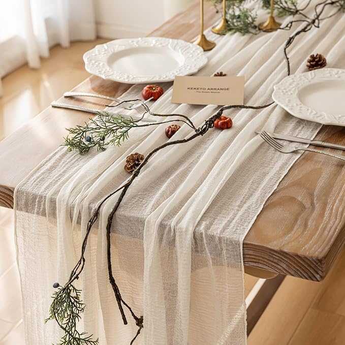 3pcs Ivory Gauze Rustic Cheesecloth Table Runner 120 Inch 10 FT for Wedding Baby Shower Bridal Shower Birthday Engagement Garden Outdoor Party Long Sheer Boho Decorations-Ruum Studio Home