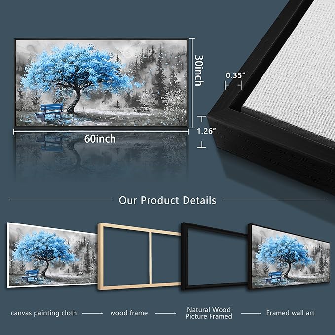 ZUITINGHUA Black Framed Canvas Wall Art For Living Room Large Wall Decor For Office Bedroom Decorations Blue Tree Landscape Pictures Black And White Paintings Artwork Aesthetic Home Decor 30x60 In-Ruum Studio Home