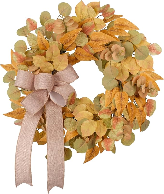 Fall Wreath for Front Door 24 Inch, Autumn Colored Faux Leaves Wreath with Bow, Simple & Minimalist Fall Decoration for Home Farmhouse Door Wall Window Indoor/Outdoor-Ruum Studio Home