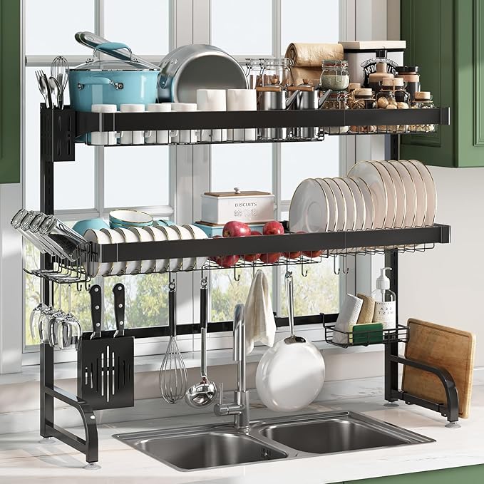 3 Tier Extra Large Stainless Steel Expandable Over The Sink Dish Drainer Drying Rack, Rust Proof Metal, Space Saving, Modern Black Big Capacity Extendable Plate Strainers Above Kitchen Counter-Ruum Studio Home