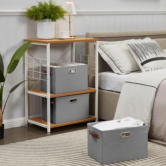 Large 3-Pack Foldable Fabric Storage Bins with Durable PU & Metal Handles, Collapsible Storage Baskets for Shelves, Home Storage, Closet Organizers, Living Room(14.9"x9.8"x9.8", Grey)-Ruum Studio Home
