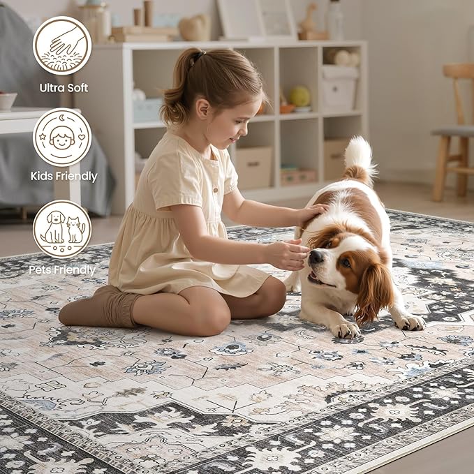 Washable Area Rugs for Living Room - 9x12 Neutral Vintage Distressed Floral Farmhouse Boho Large Soft Floor Rug Indoor Non Slip Carpet for Bedroom Dining Room Office - Pink/Dark Green-Ruum Studio Home