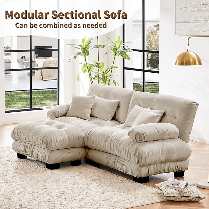 Modular Sectional Sofa, L Shaped Couch with Ottoman, 2 Seater Cloud Couch Small Couches for Small Spaces, Modern Deep Seat Sofa Living Room Oversized Loveseat W/Bolster Armrests 4 Pillows-Ruum Studio Home