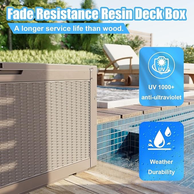 102 Gallon Outdoor Storage Box Waterproof, UV Resistant Resin Deck Box with Hydraulic Rod, Lockable Design and Enhanced Durability for Patio, Garden, and Poolside Use-Ruum Studio Home