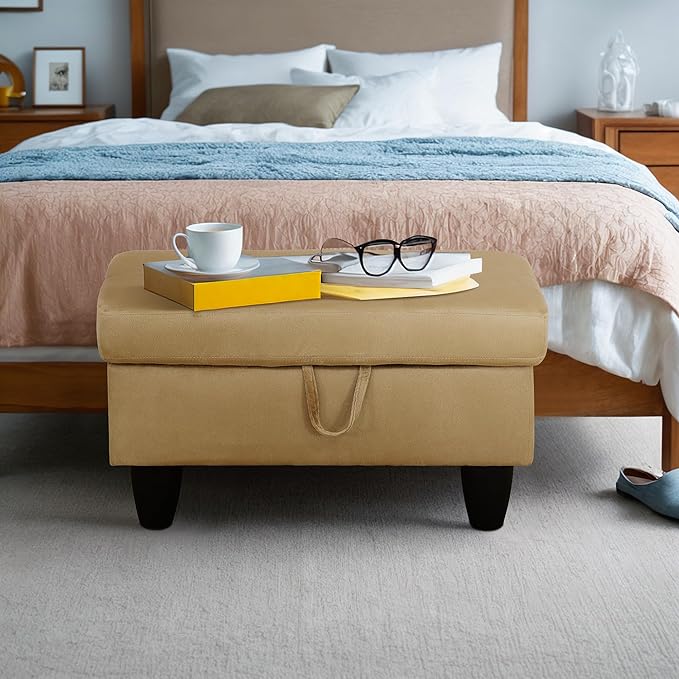Ottoman Rectangular Storage Ottoman Bench, Flannel Footrest Stool Footstool with Lid for Living Room, Bedroom, Entryway, Light Brown, 28.5"x19"x17.5"-Ruum Studio Home