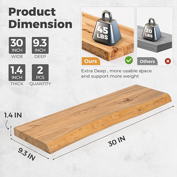 RICHFOCUS Live Edge Elm Floating Shelves - 30" W x 9.3" D Rustic Solid Wood Wall Shelves with Invisible Bracket, Wall-Mounted for Living Room, Bedroom, Kitchen Storage & Display, Set of 2, Natural-Ruum Studio Home