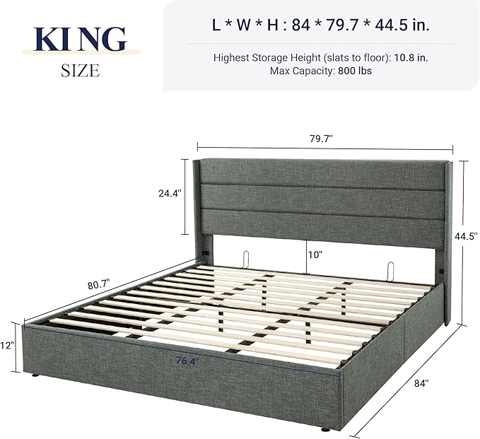 Allewie King Size Lift Up Storage Bed, Modern Wingback Headboard, Hydraulic Support, No Box Spring Needed, Dark Grey-Ruum Studio Home