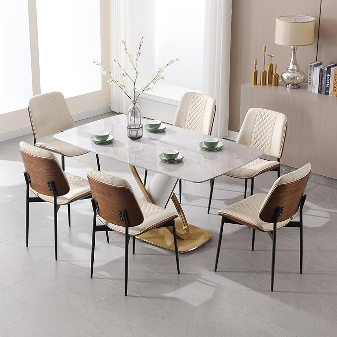 BV Dining Chairs Set of 6, PU Leather Armless Kitchen Chair in Modern Walnut Style, Mid Century Bentwood Side Chair with Metal Legs, Retro Accent Guest Chair for Kitchen Dining Room(Beige)-Ruum Studio Home