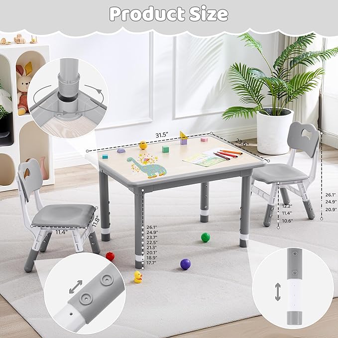 Kids Table and 2 Chairs Set, Height Adjustable (17.7"-26.1") Toddler Table and Chair Set, Multi-Activity Table with Graffiti Desktop, Children’s Table and Chairs for Classroom, Home & Daycare-Ruum Studio Home