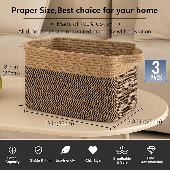 OIAHOMY 3 Pack Storage Basket for Organizing, 13''X9.85''X8.7'' Storage Bins,Woven Basket Basket with Handles, Toy Storage Basket Bin,Stylish Room Decor Basket, Yellow & Black-Ruum Studio Home