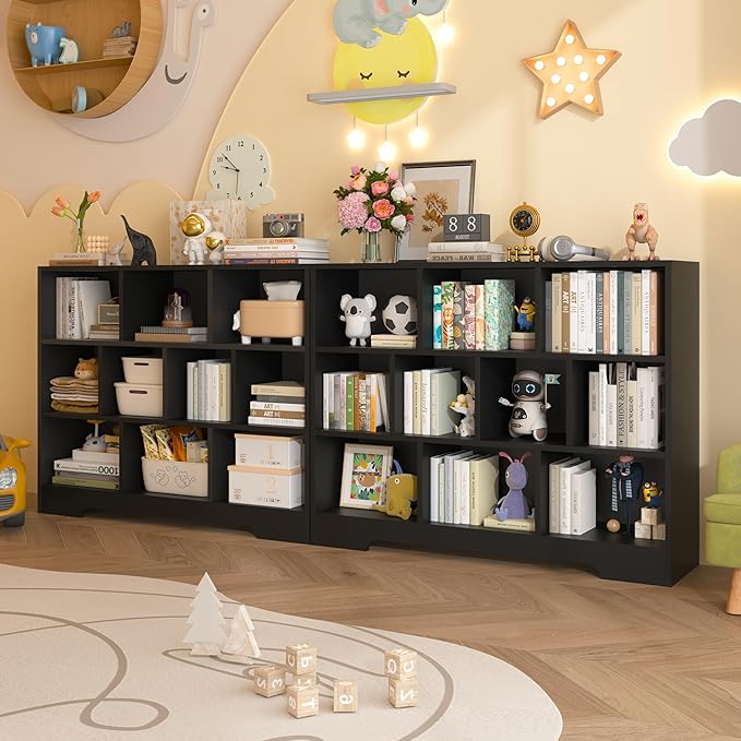 Book Shelf, 10 Cubes Storage Organizer, Freestanding Black Bookshelf Cube Shelf for Bedroom, Living Room, 3-Tier Open Bookshelf Wooden Bookcase-Ruum Studio Home