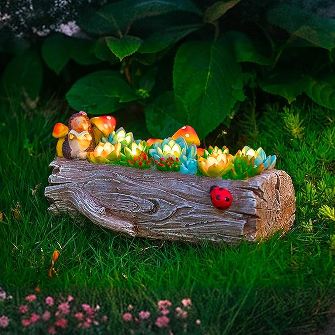 Garden Solar Figurine Light - Stump Succulent Solar Light Outdoor, Solar Powered Lighting Outside Decorations Yard Art Lawn Ornaments for Porch Patio Balcony - Succulent Gifts for Women Mom-Ruum Studio Home
