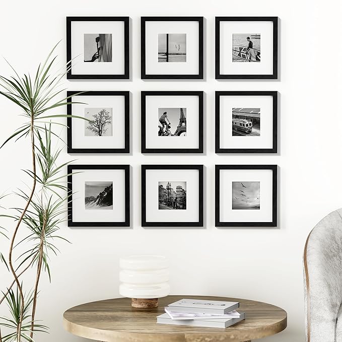 Vittanly 8x8 Picture Frames Set of 9, Shatter Resistant Plexiglass, Display 4x4 Pictures with Mat or 8x8 without Mat, Photo Frames for Wall Mount, Engineered Wood, Black-Ruum Studio Home