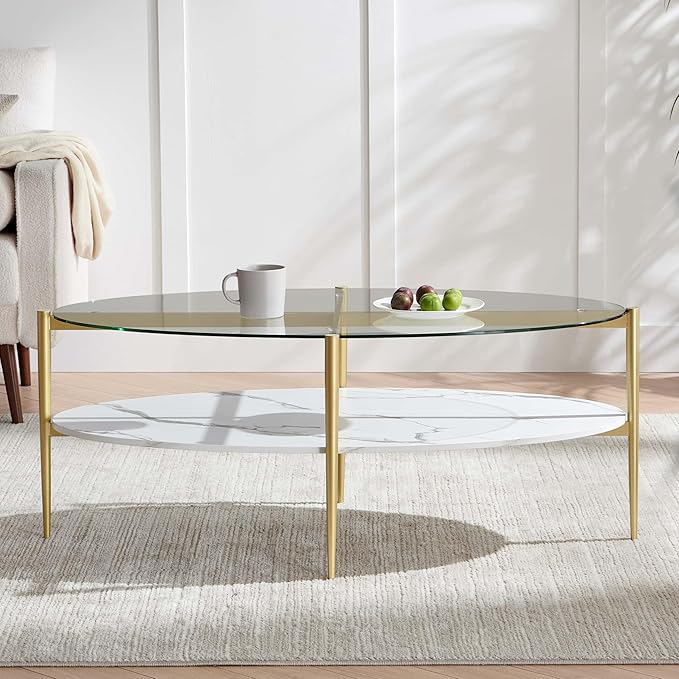 Oval Glass Coffee Table, Mid-Century Modern Design, L43 x W22 x H17 inch, Surfboard Shaped Clear Glass Top and White Marble Finish Wood Shelf, Tapered Legs with Gold Finish Frame-Ruum Studio Home
