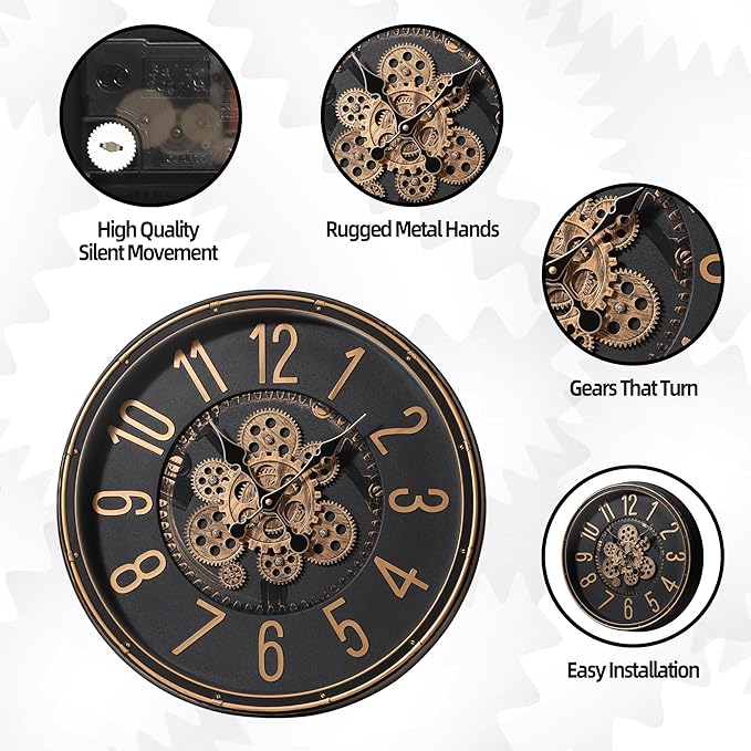 Maxstar Large Moving Gear Wall Clock,20" Vintage Mechanical Battery Operated Industrial Wall Clocks for Farmhouse Living Room,Home Office, Dinning Room, Kitchen, Steampunk Decor-Gold,Arab Numeral-Ruum Studio Home