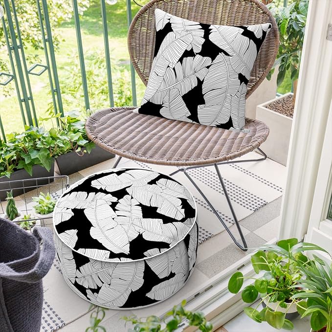 Inflatable Ottoman Stool D21 xH9 for Outdoor/Indoor Use, Water Repellent Patio Foot Rest Stool with Portable Handle,Round Pouf Ottoman Suitable for Garden,Deck and Camping - Black Leaves-Ruum Studio Home