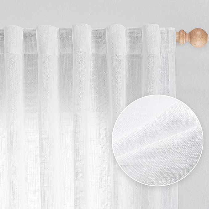 MYSKY HOME Floor to Ceiling Curtains 102 Inches White Sheer Window Drapes 2 Panel Sets Back Tab Draperies Linen Look Boho Fabric, Soft Cotton Blend Light Filtering for Living Room-Ruum Studio Home