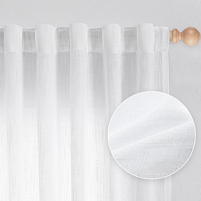 MYSKY HOME Patio White Curtains for Sliding Door, Living Room Curtains & Drapes Soft Cotton Farmhouse Window Treatments 90 inch Length 2 Panels Set Linen Look Semi Sheer Draperies, 50" W x 90" L-Ruum Studio Home