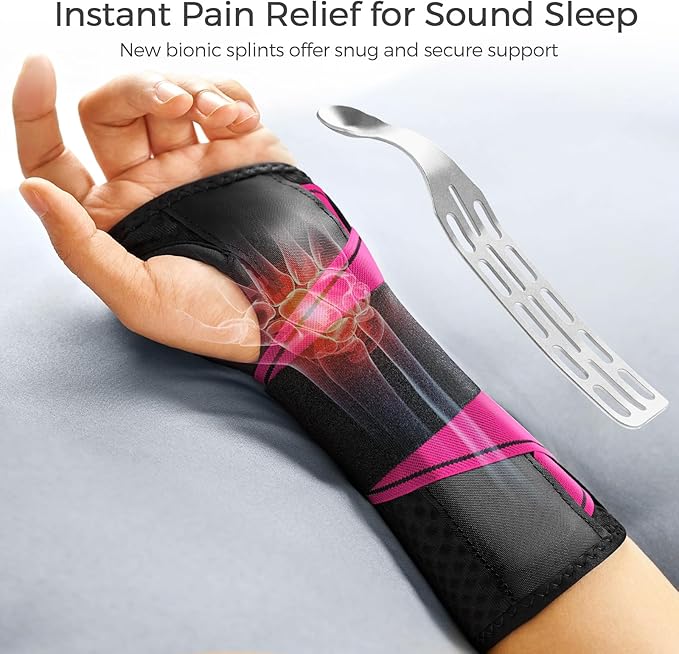 FREETOO Carpal Tunnel Wrist Brace Night Support Fit Right Hand for Work, Pain Relief Wrist Splint for Tendonitis, Arthritis, Fit Women and Men, Wrist Stabilizer Brace for Sleeping (L/XL, Black/Pink)-Ruum Studio Home