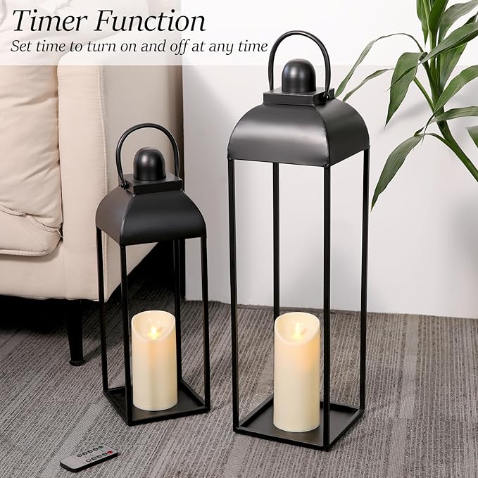 25'' 19'' Lanterns Decorative Outdoor Indoor, Black Metal Outdoor Candle Lanterns, Set of 2 Modern Farmhouse Decorative Lantern for Fireplace, Patio, Porch, Floor, Halloween Lantern (No Glass)-Ruum Studio Home