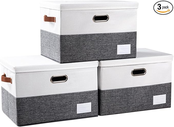 PRANDOM Foldable Storage Bins with Lids [3-Pack] Fabric Collapsible Storage Boxes Baskets Cubes Containers with Handles for Closet Living Room Bedroom (Grey & White 17.7x11.8x11.8'')-Ruum Studio Home