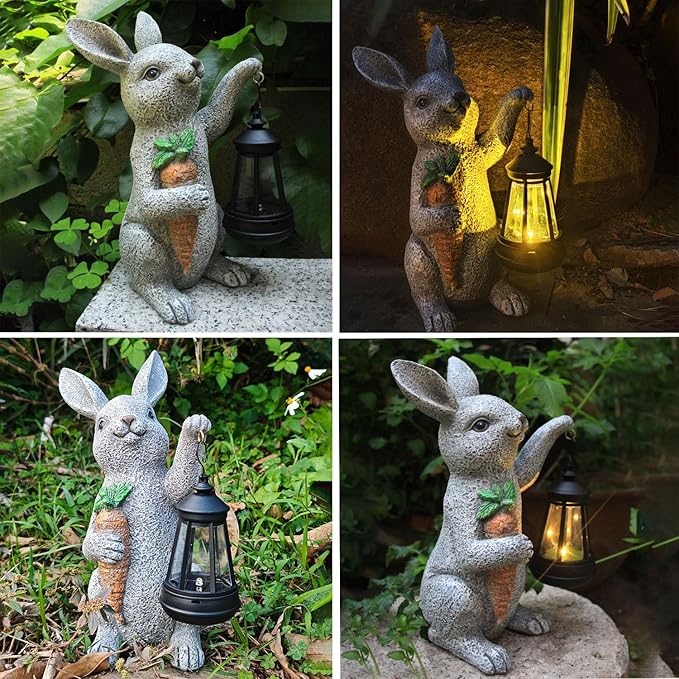 Garden Statues Rabbit Solar Lantern Outdoor Handmade Resin Statue Bunny with Cute Carrot for Patio, Yard,Mother's Day Gift Ideas (rabbit1)-Ruum Studio Home