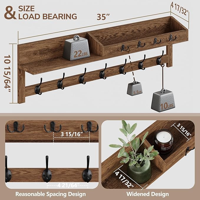 AMBIRD Coat Rack Wall Mount, 35 inch Large Wall Hooks with Shelf, Entryway Shelf with 7 Dual Coat Hooks 4 Key Hooks Mail Organizer, Wooden Coat Hanger and Key Holder Wall Mount-Ruum Studio Home