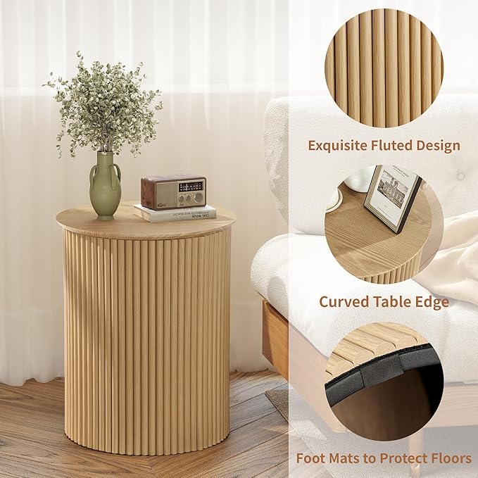 AVZEAR Fluted Round Side Table, Small End Table Modern Boho Nightstands, Circle Bedside Tables Bohemian Accent Table Wood Night Stand for Small Spaces, Living Room, Bedroom(Natural)-Ruum Studio Home