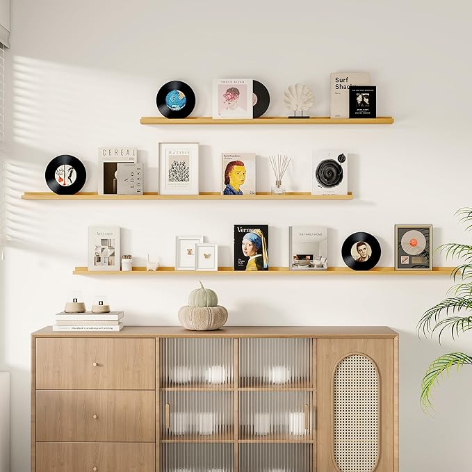 Floating Picture Ledge Shelves for Wall Set of 2, 55 Inches Picture Shelf with Ledge, Nursery Book Shelf for Toys Storage Kids Bookshelf Wall Mounted Living Room Bedroom Decor Frames, Oak-Ruum Studio Home