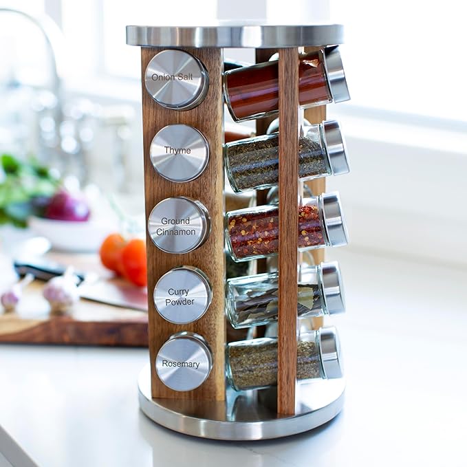 Orii 20 Jar Spice Rack with Spices Included - Tower Organizer for Kitchen Spices and Seasonings, (Natural Acacia Wood)-Ruum Studio Home