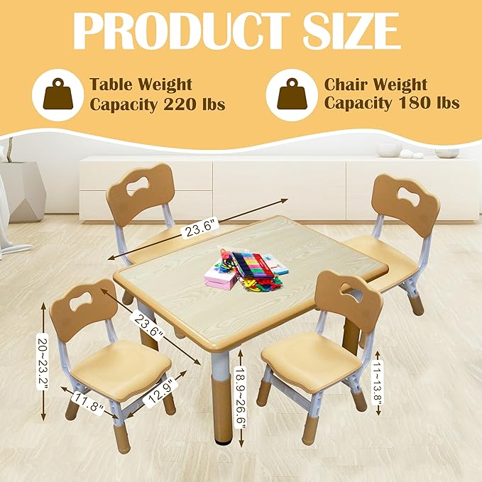 Kids Table and 4 Chairs Set with Graffiti Desktop, Toddler Furniture Set, Non-Slip, Table Children Study Desk, Dining Table, Height Adjustable Desk, Painting Desktop for Kids (31.5x23.6Inch)-Ruum Studio Home