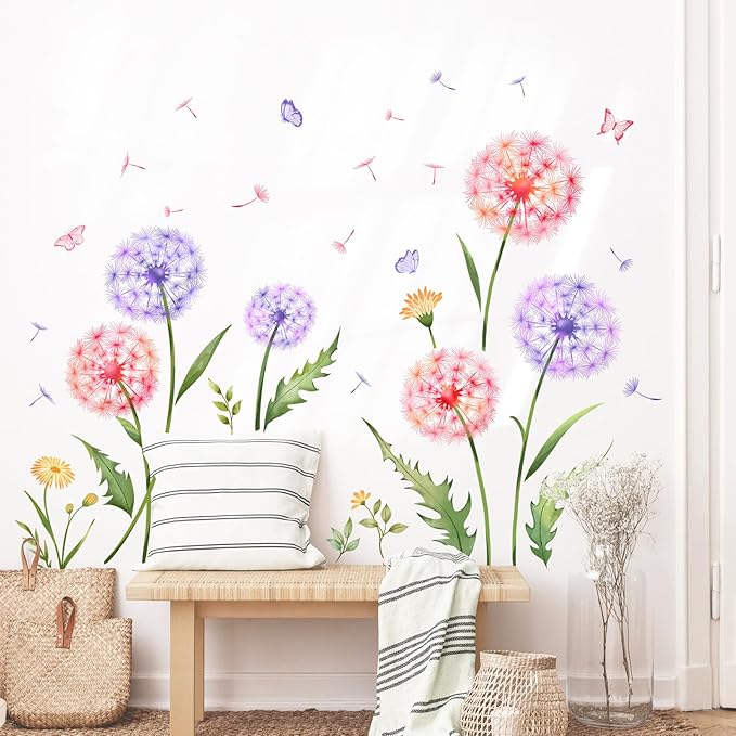 Dandelion Flower Butterfly Wall Decals Pink Purple Dandelion Plants Wall Stickers Peel and Stick Vinyl Wall Art Decor for Living Room Bedroom Office TV Sofa Backdrop Home Decor Gifts for Mom-Ruum Studio Home