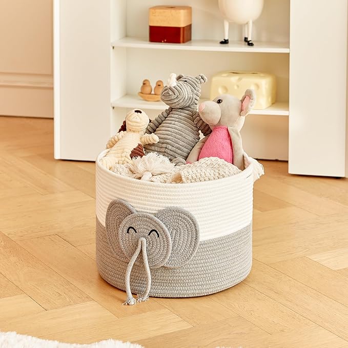 Large Baby Cute Storage Basket for Organizing -Elephant White & Grey 15""x15""x11"", 2024282319065-Ruum Studio Home