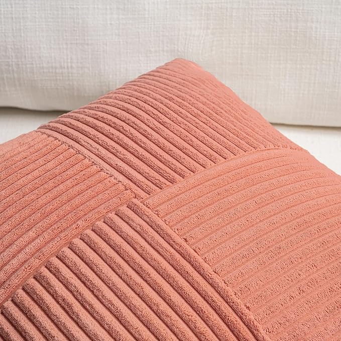 Fancy Homi 2 Packs Coral Lumbar Decorative Throw Pillow Covers 14x24 Inch for Living Room Couch, Rustic Farmhouse Boho Home Decor, Soft Striped Corduroy Rectangle Accent Peach Cushion Case 35x60 cm-Ruum Studio Home