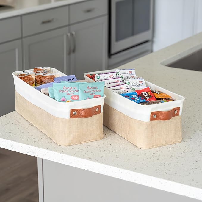 OrganiHaus Narrow Storage Bins 15x06in, Small Closet Bins for Shelves, Bathroom Storage Baskets for Shelves, Narrow Baskets, Fabric Organizer with Handles, Toilet Paper Organizer - 2 Pack, Beige-Ruum Studio Home