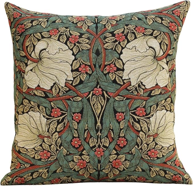 Charlotte Home Furnishings Pimpernel Red Green Floral Throw Pillow Cover 18” x 18” – Double-Sided Tapestry Cushion Cover for Couch, Sofa, or Bed | 100% Cotton Jacquard Woven in Europe-Ruum Studio Home
