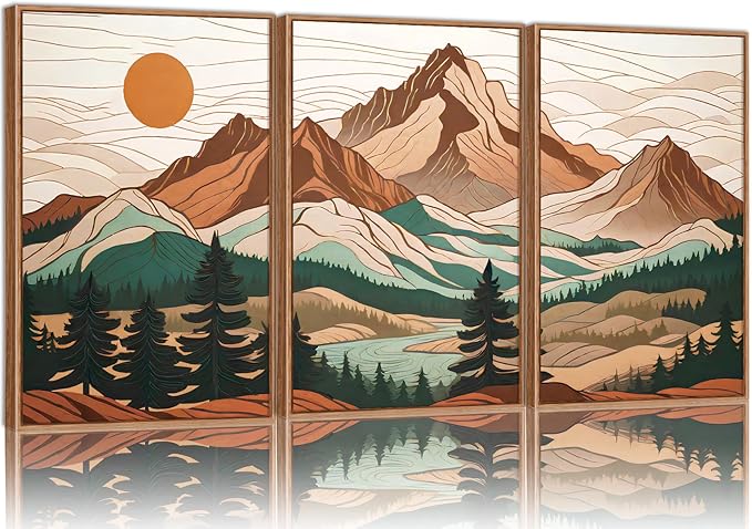 Tinonedraw Mountain Framed Canvas Wall Art Set of 3, Sunrise Forest Woodland Landscape Art Prints, Boho Coloful Ridge Scenery Wall Decor, Wood Pine Wilderness Art Paintings for Living Room Bedroom, Office 16"x24"-Ruum Studio Home