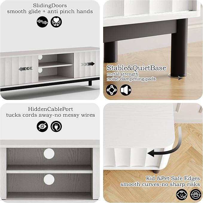 White Mid Century Modern TV Stand, Wood Fluted Living Room TV Stands with Storage Sliding Doors, Desert-Inspired Design MCM Entertainment Center for 55 60 65 70 75 55+ 60+ 65+ 70+ Inch-Ruum Studio Home